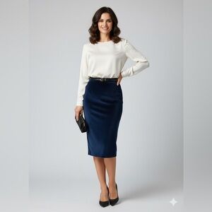 Ron Herman Elegant Navy Blue Pencil Skirt Velvet Fitted Sexy Midi Length Classic